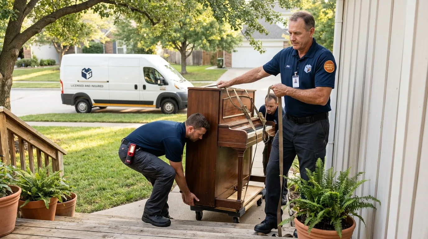 Licensed piano movers securing grand piano in Oskaloosa, IA
