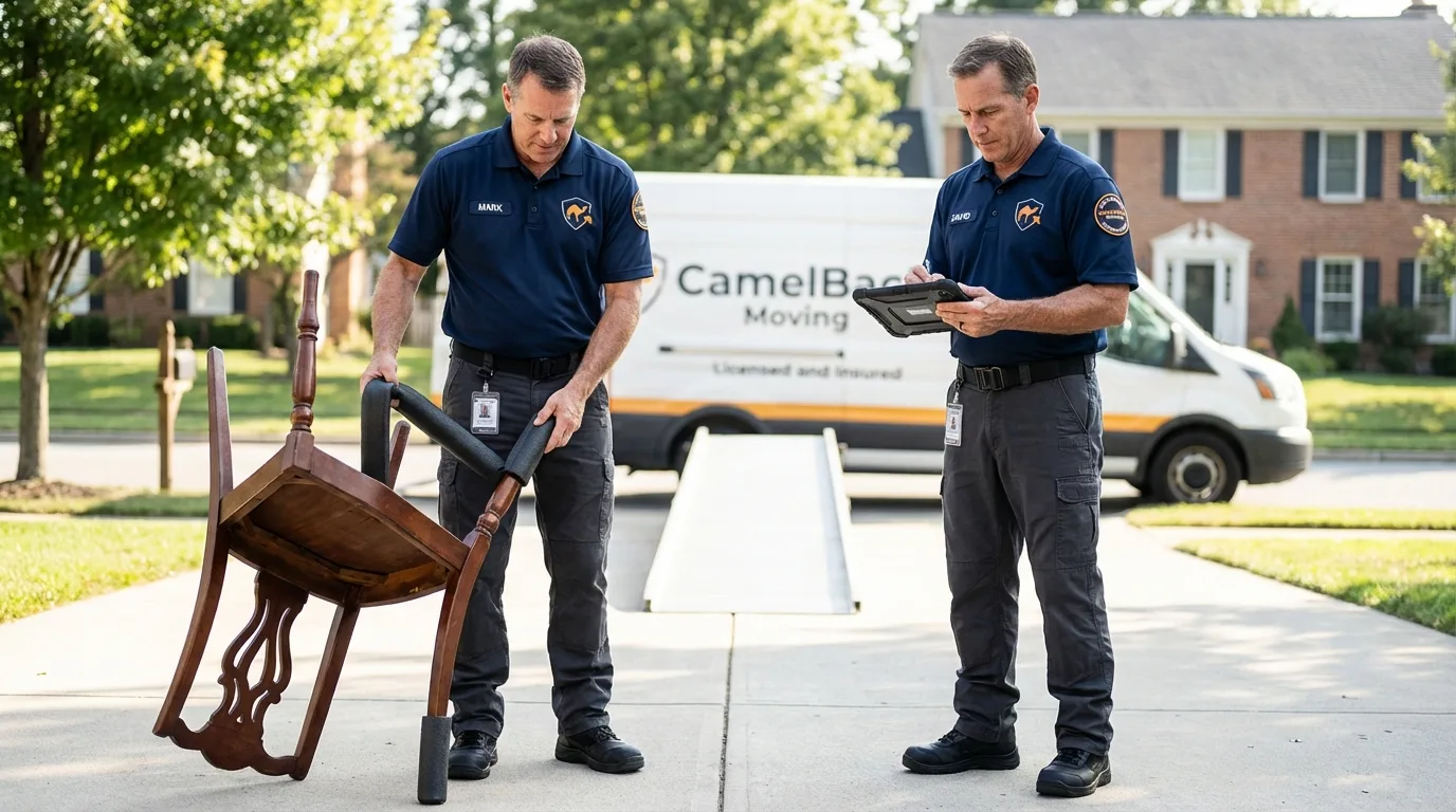 Movers inspecting furniture for damage prevention before loading in Oskaloosa, IA