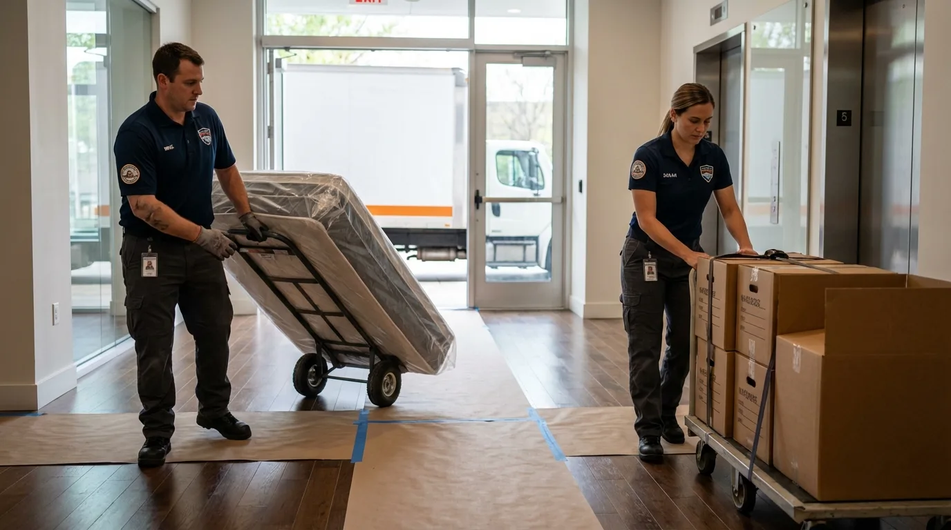 Professional apartment movers loading elevator in Oskaloosa, IA